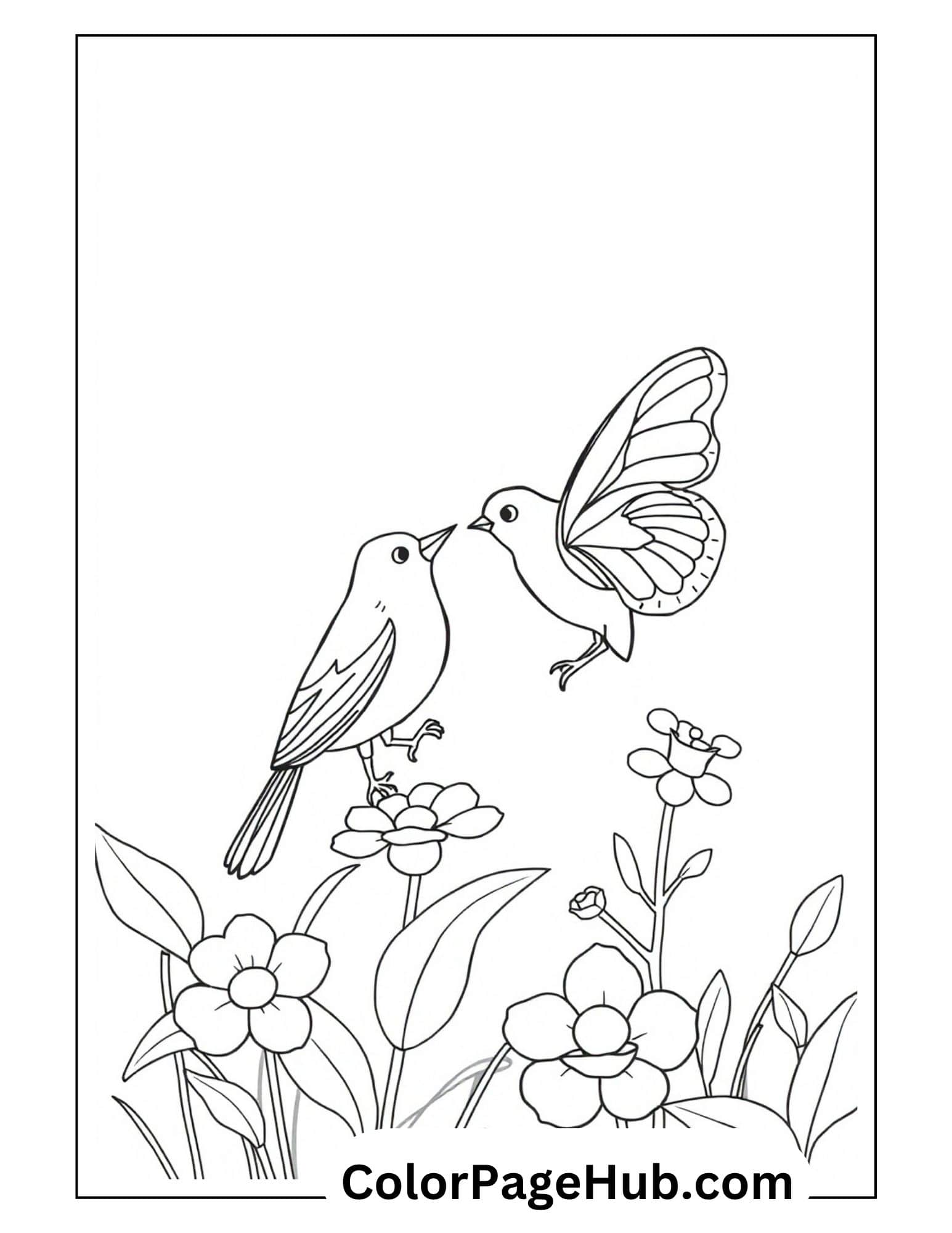 Bird coloring pages with two birds in flower garden - one perched and one flying among blooming flowers design