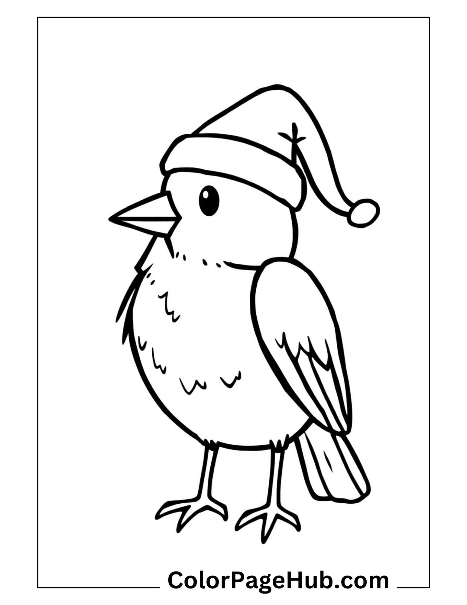 Bird coloring pages featuring cute Christmas bird wearing Santa hat with pom-pom - festive holiday printable design